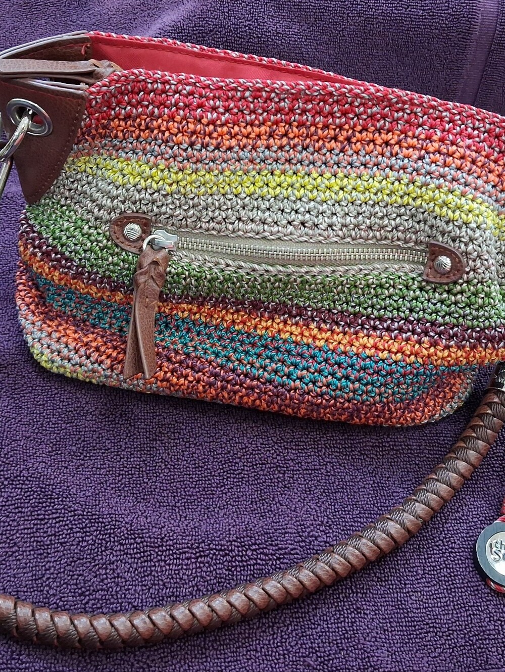 The Sak Multicolor Crochet Shoulder Bag with Brown Leather Trim
